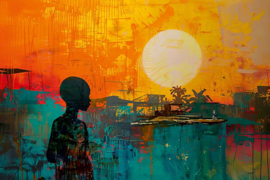 AFRICAN SUNSET PAINTING 24in X 16in WITH BLACK FRAME view 2