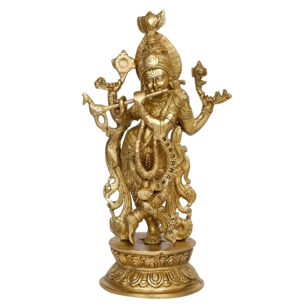 ARTVARKO Large Brass Idol Murti Lord Krishna Metal Statue with Flute On Round Base Sculpture Home Decor for Living Room Pooja Gift Item Height 12 Inch view 2
