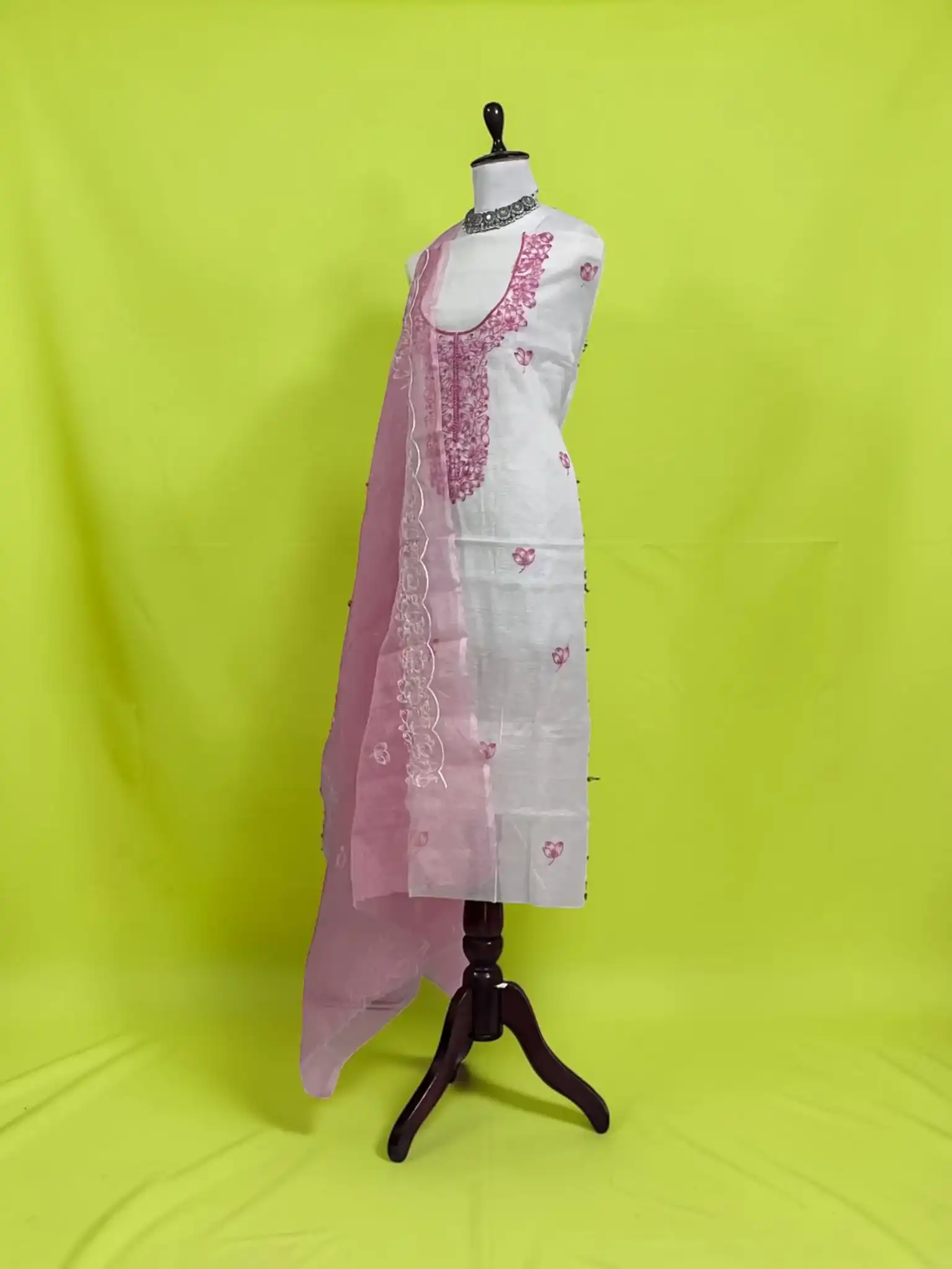 Handwoven Kota Doria Dress Material with Hand Embroidery, Magenta Pink view 2