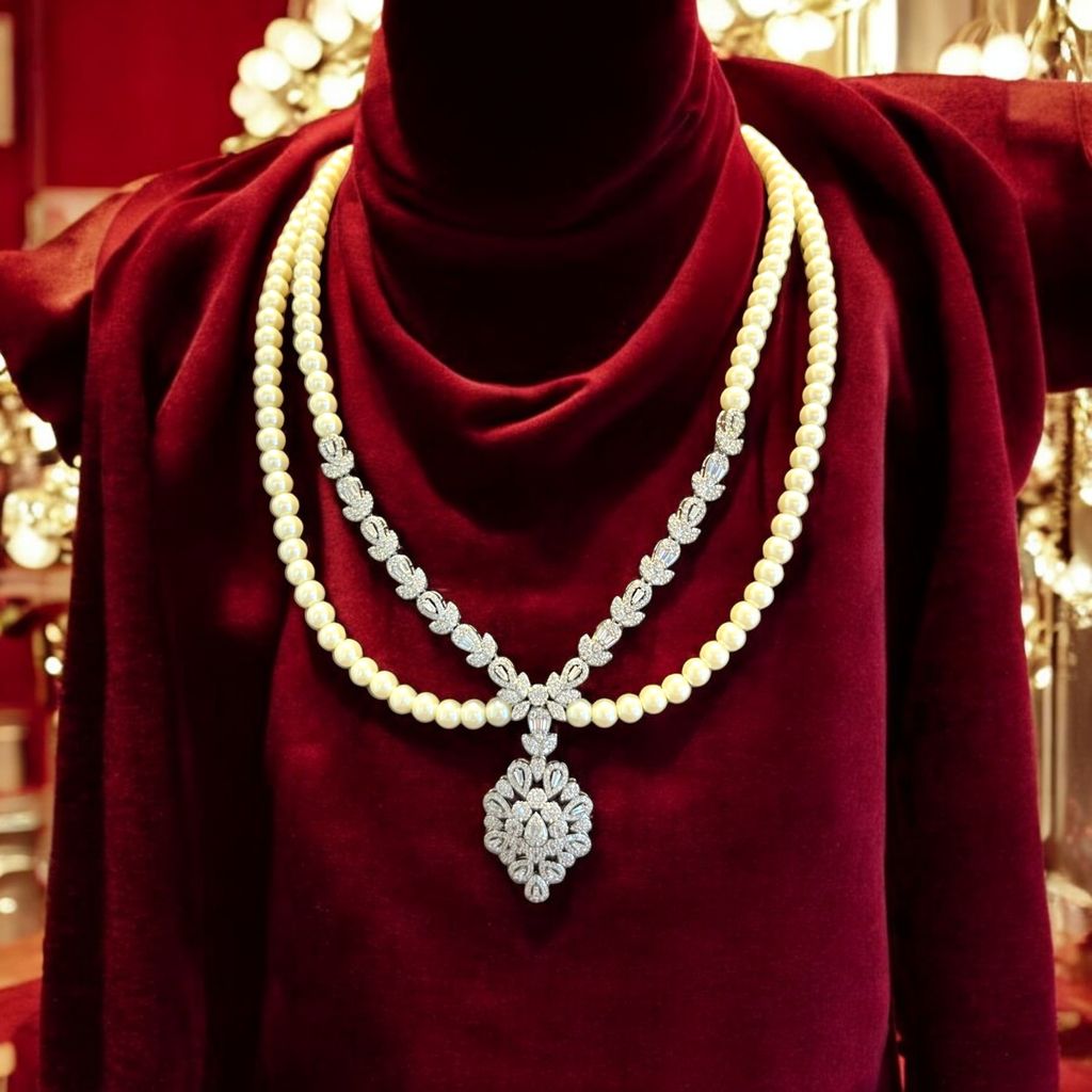 Pearl and Cubic Zirconia Bridal Necklace Set By Dia Art Jewels view 2