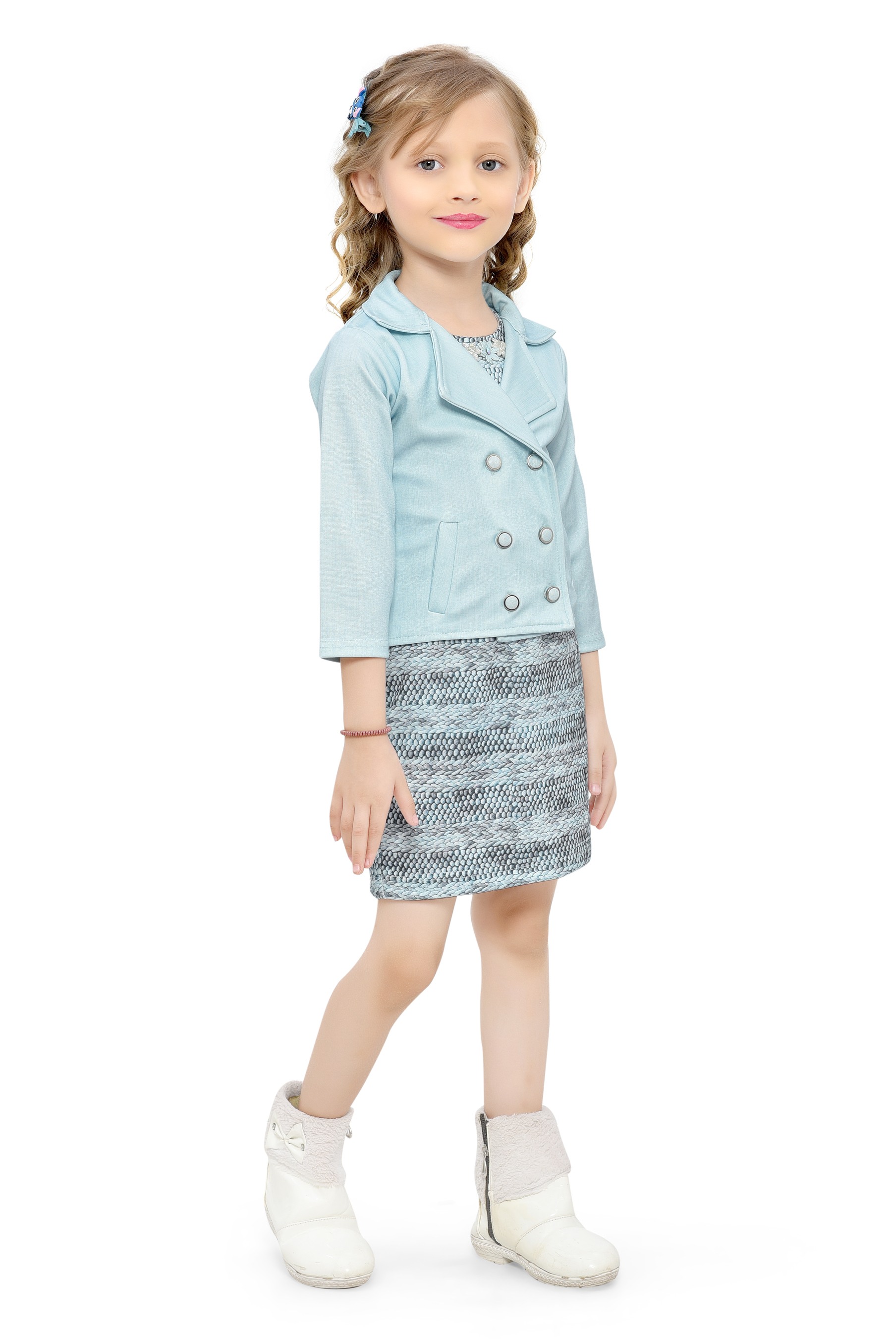 Be:kids Serenity Chic Two-Piece Girls' Dress Set with Textured Blue Jacket and Printed Sheath Dress view 2