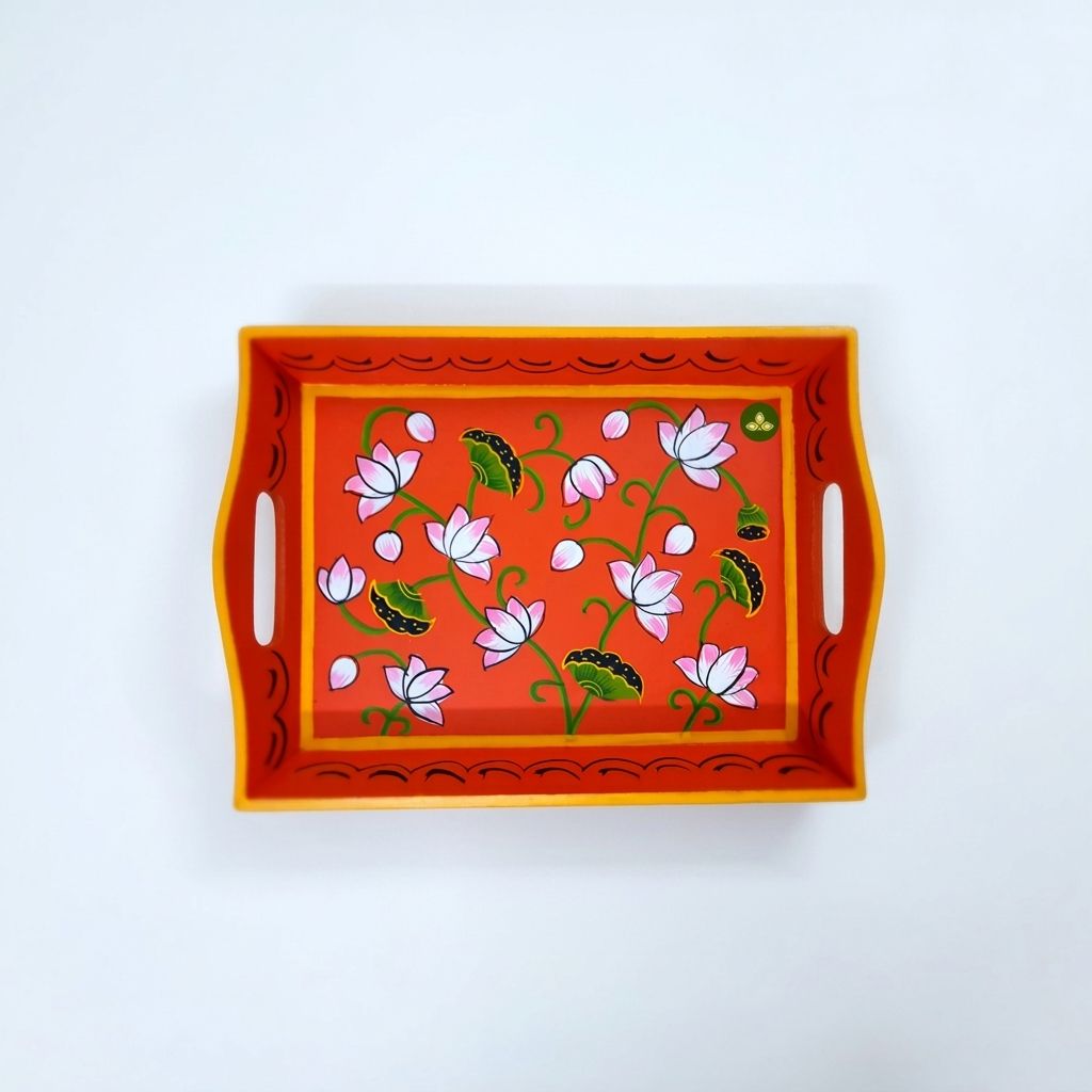 Hand painted pichwai art wooden orange color tray view 2