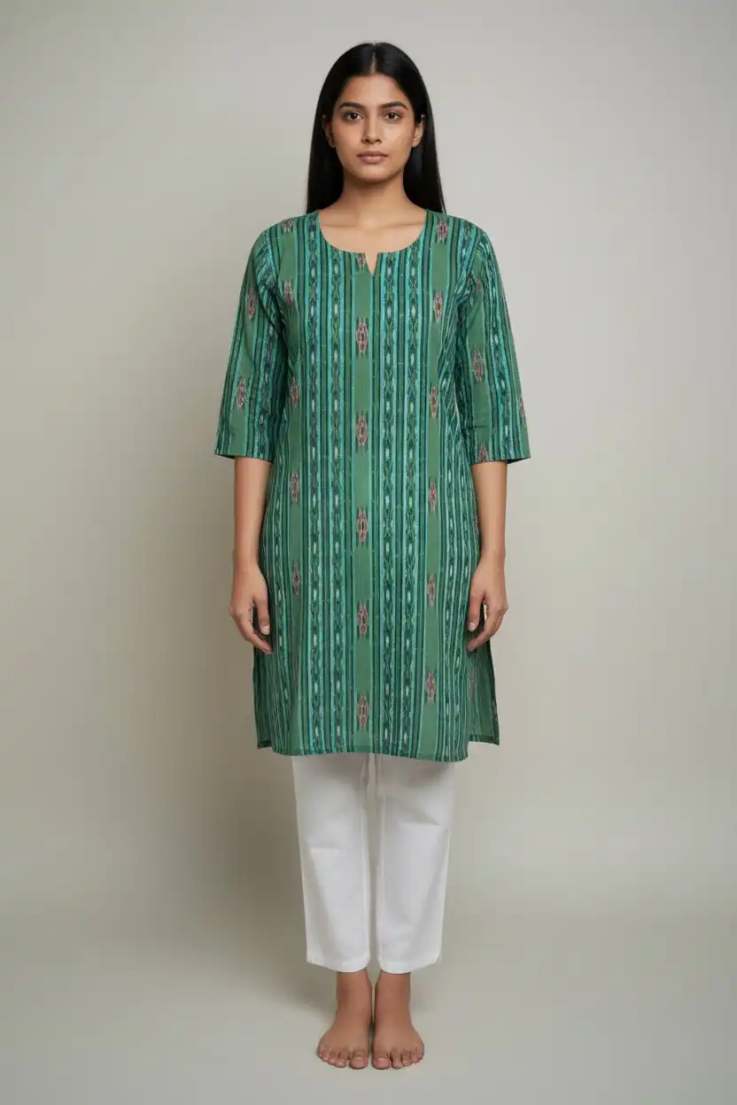 Sambalpuri Ikat Green Cotton Kurti