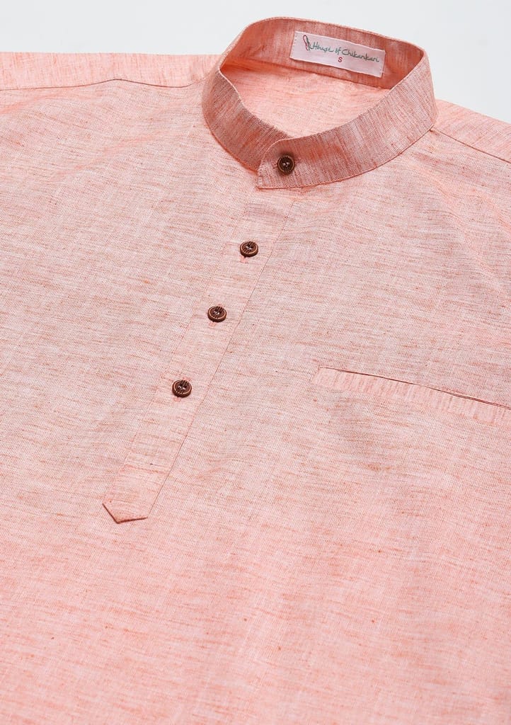 Poly Cotton Solid Men's Short Kurta - Peach view 2