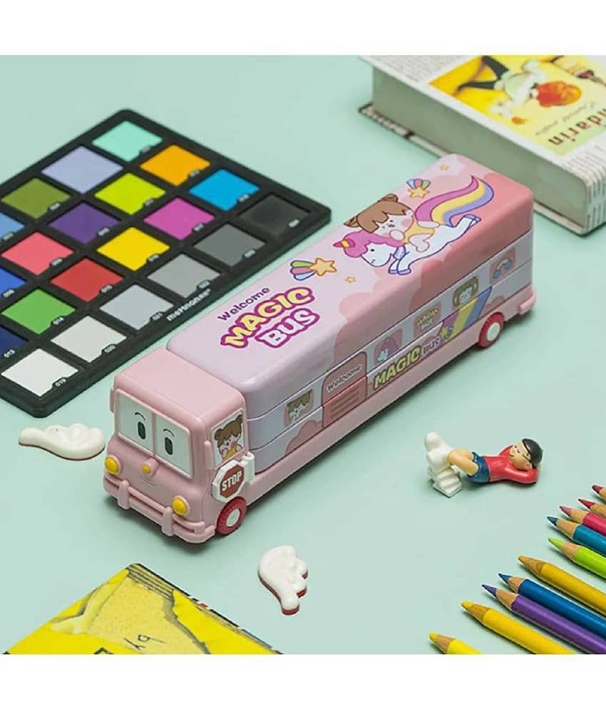 Bus Shape Pencil Box School Bus Metal Geometry Box for Kids Magic Bus with Moving Tyres with 3 Compartments Moving Tyre's & Sharpener Geometry Case for Boys & Girls view 2