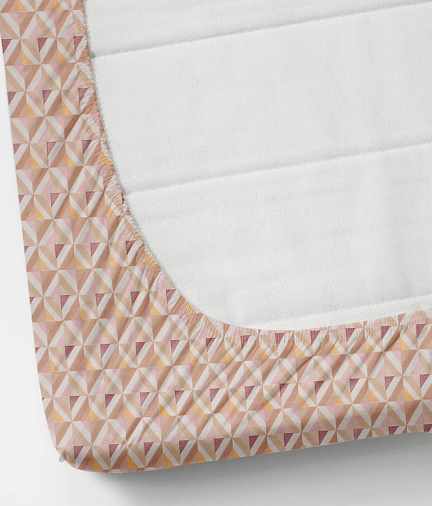 SHOMES Cotton Geometric Fitted 1 Bedsheet with 2 Pillow Covers ( Double Bed ) - Orange view 2