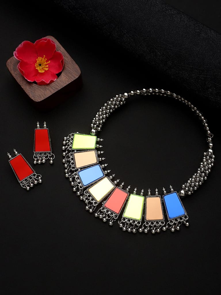 Cardinal Oxidized Silver Color Multicolor Stone Choker Necklace Set view 2