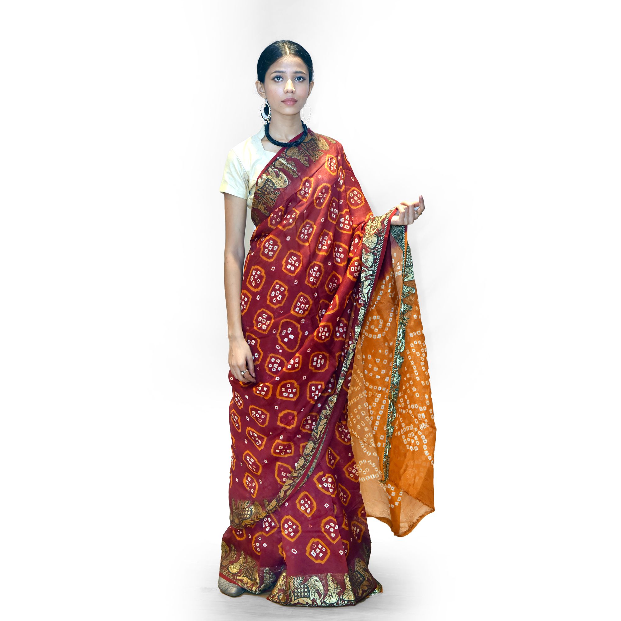 Tribes India Handwoven Maroon and Orange Bandej Flowring Saree view 2