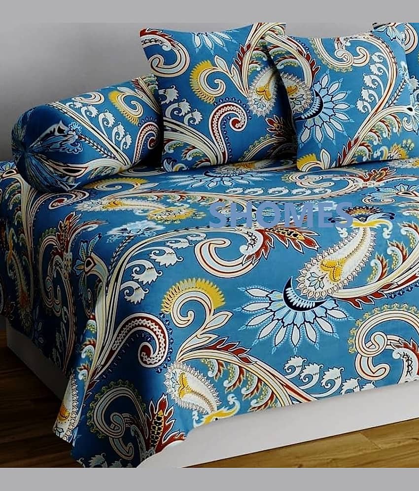 SHOMES Cotton Floral Diwan Set 6 Pcs - Blue view 2