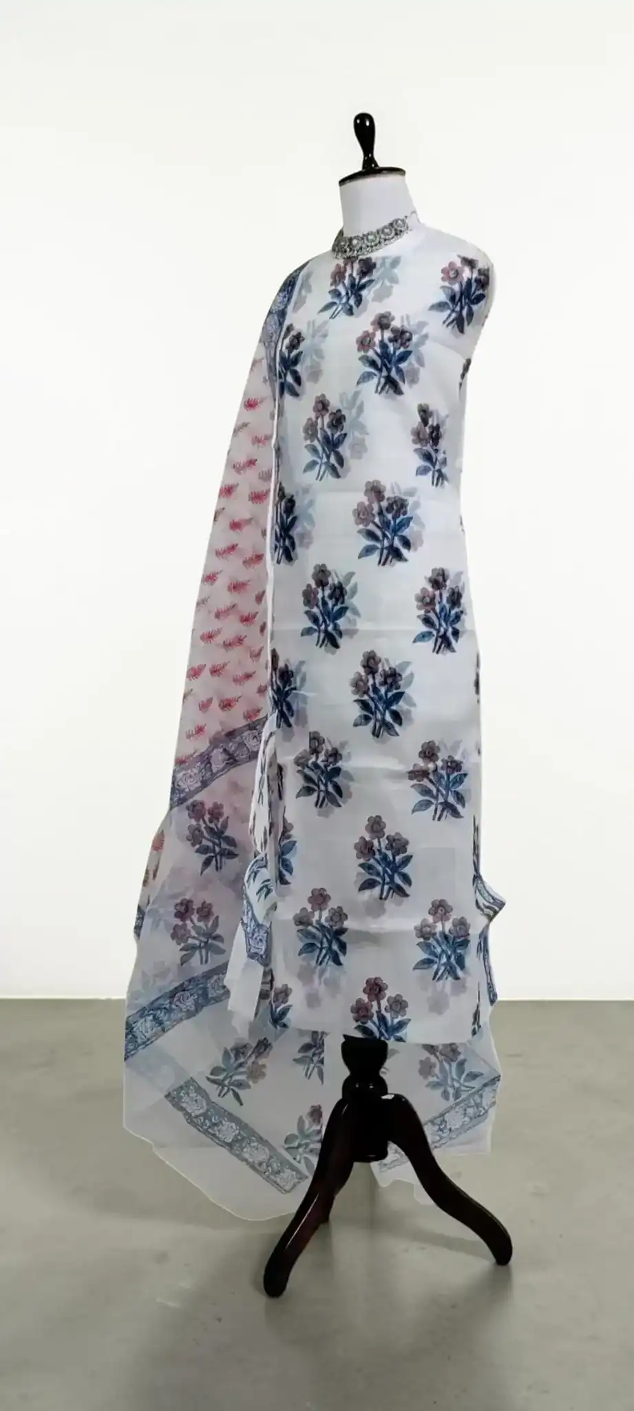 Indigo Kota Doria Cotton-Silk Dress Material with Dupatta view 2