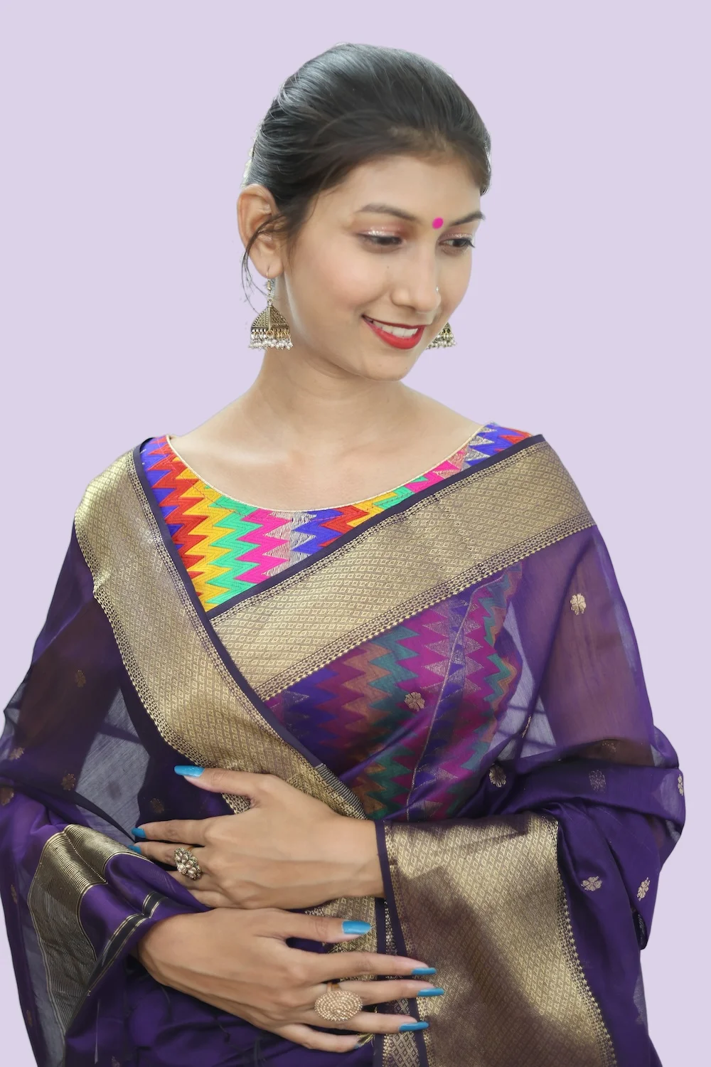 Elegant Purple Mix Border handloom Saree with Tassels view 2