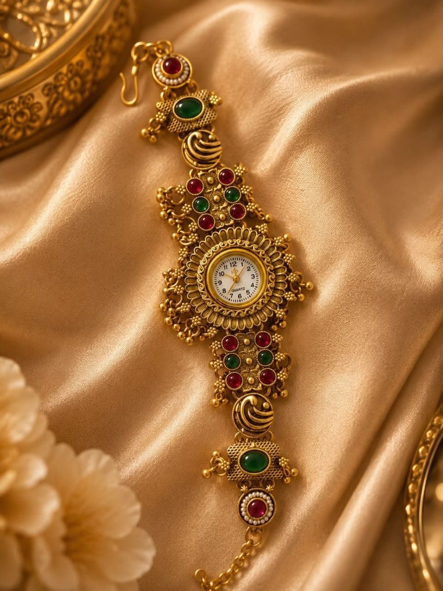 Traditional Ethnic Gold-Tone Stone Embellished Women's Watch view 2