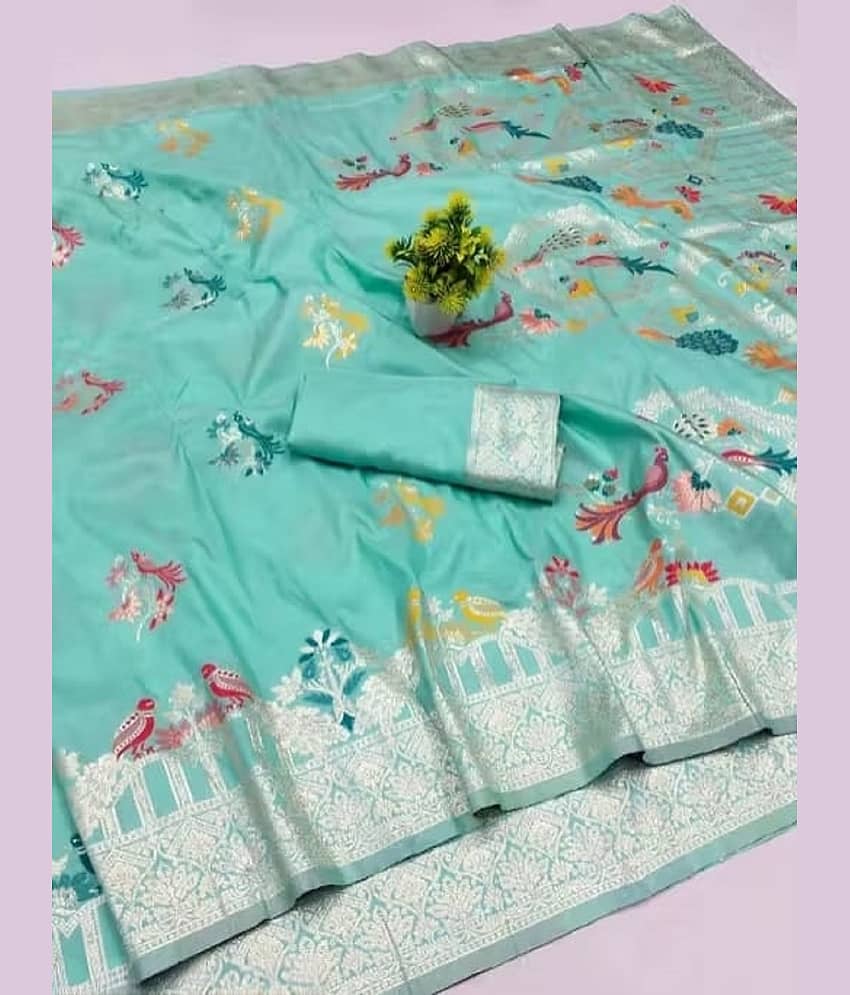 KALIPATRA Art Silk Solid Banarasi saree With Unstitched Blouse Piece ( Sky Blue )