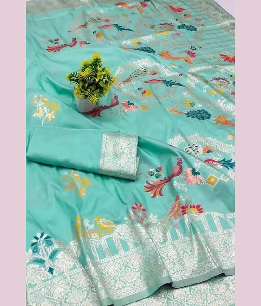 KALIPATRA Art Silk Solid Banarasi saree With Unstitched Blouse Piece ( Sky Blue ) view 2