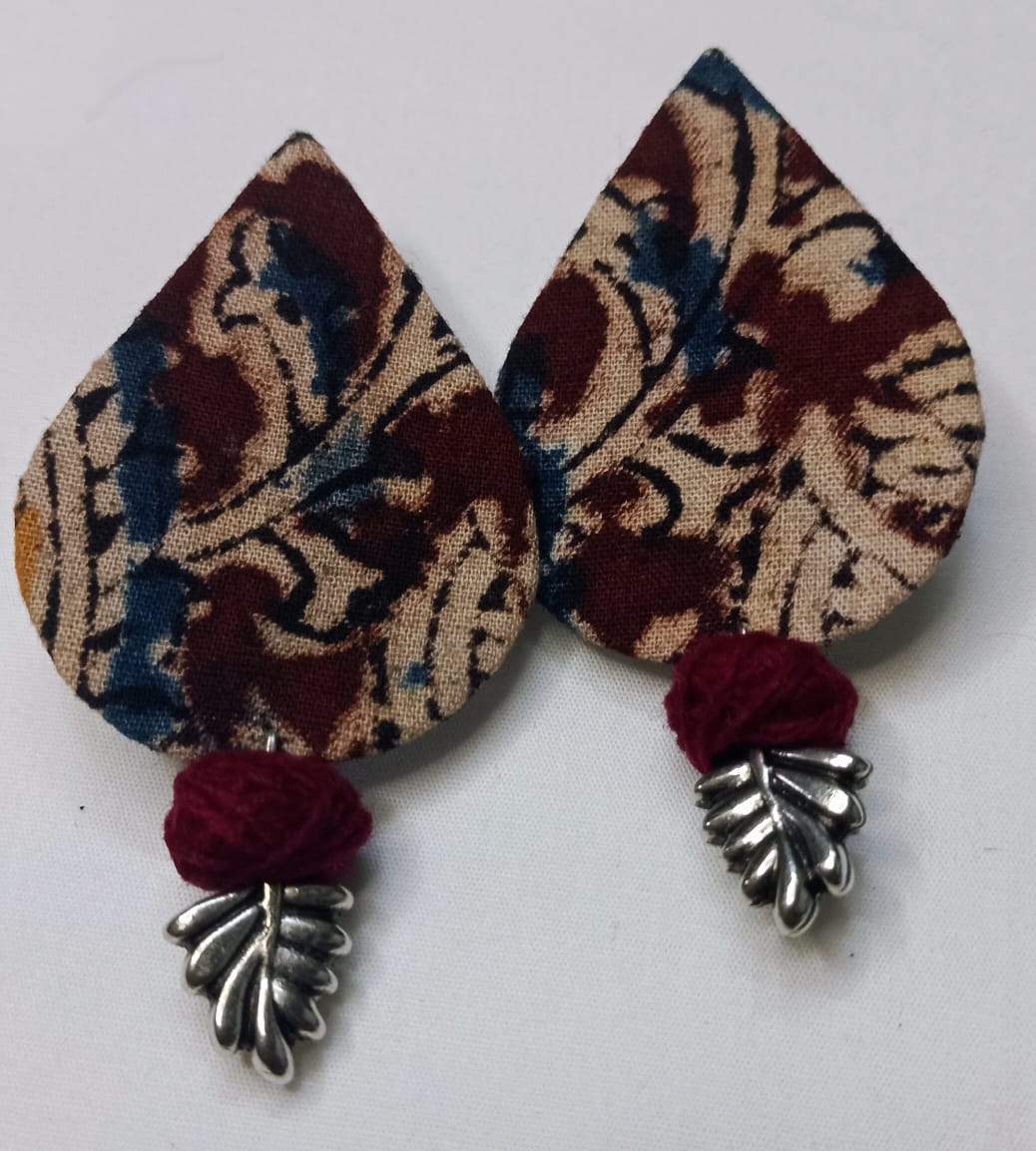 Boho Maroon Leaf Fabric Teardrop Earrings view 2