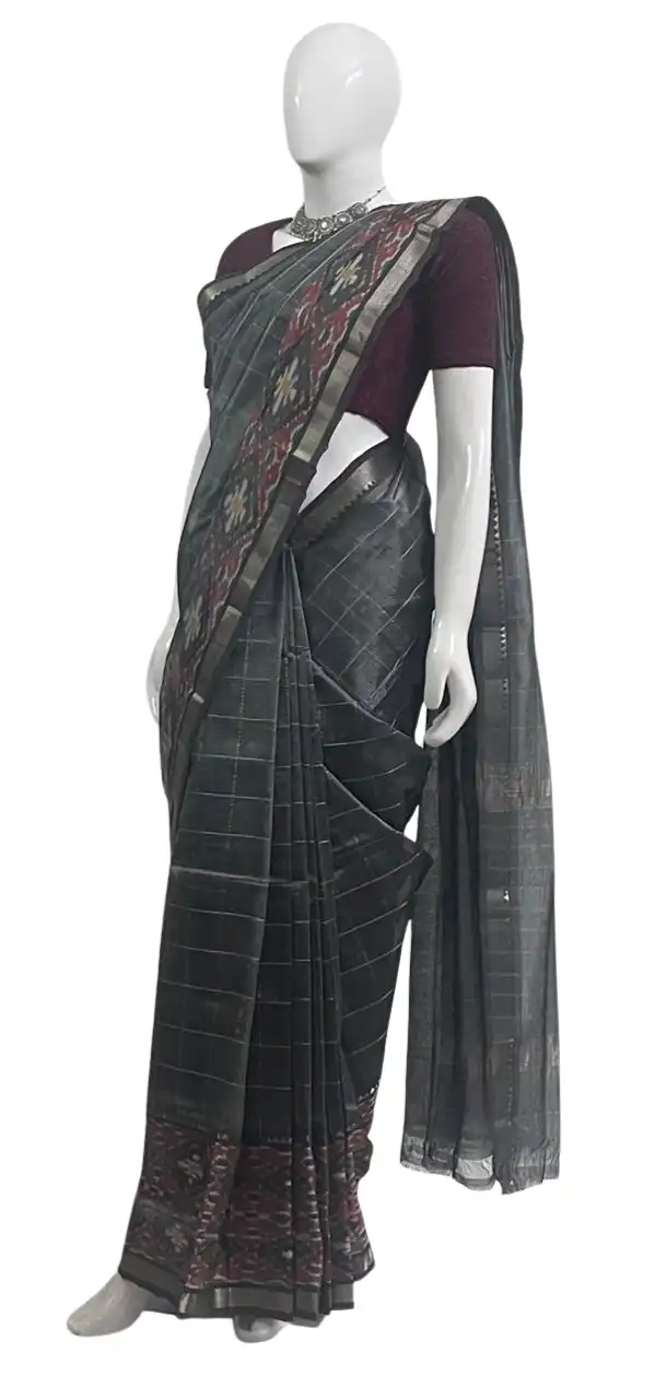 Mangalgiri Charcoal Grey Cotton Silk Saree Ikat Pallu view 2