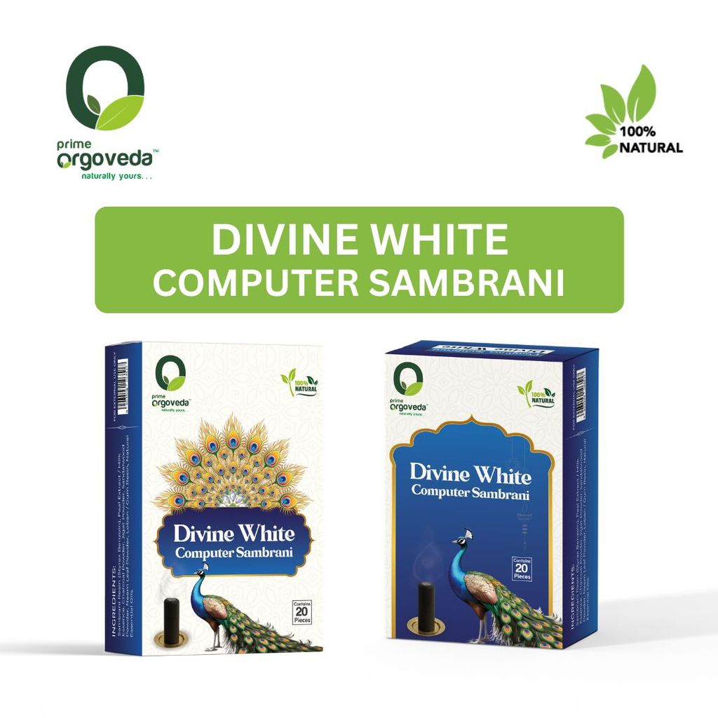Prime Orgoveda Divine White Computer Sambrani | 100% Natural Organic Dhoop Sambrani | Long-Lasting Divine Fragrance for Meditation, Pooja, Yoga | Charcoal-Free Herbal Sambrani (Pack of 20 Pcs) view 2
