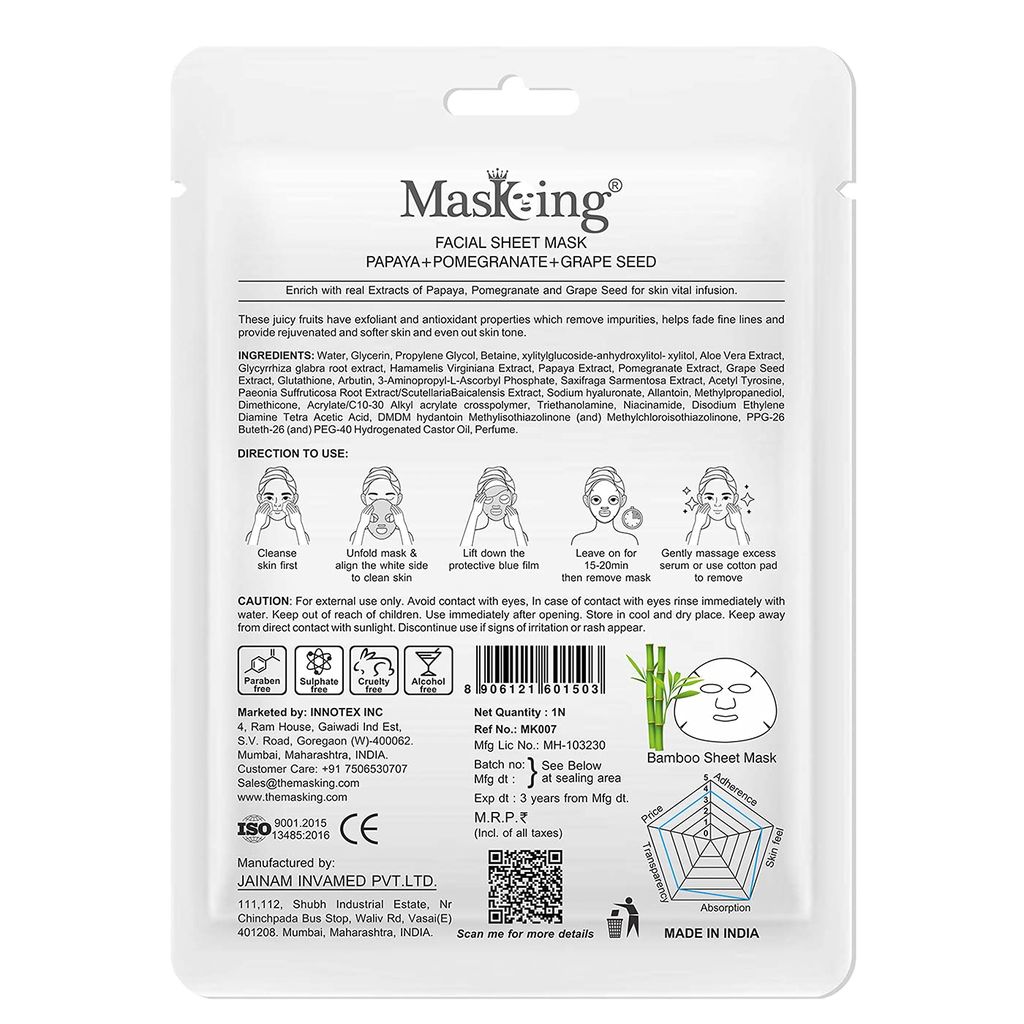 MasKing Bamboo Facial Sheet Mask of Papaya, Pomegranate & Grape Seed for Skin Vital Infusion Ideal for Women & Men 20ml, (Pack of 1) view 2