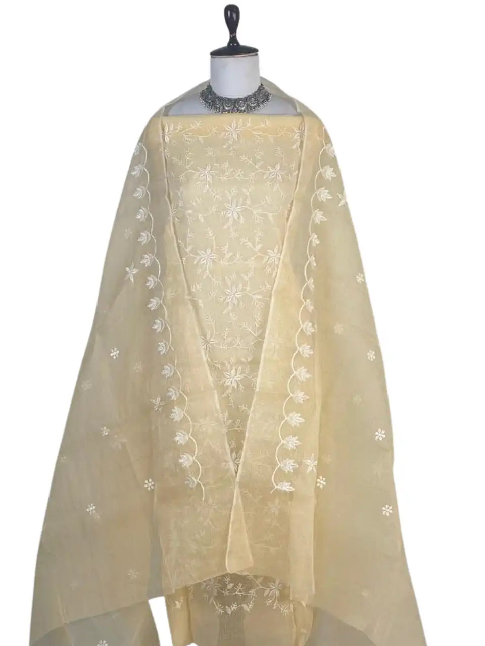 Kota Doria Dress Material Cream Floral Jaal view 2