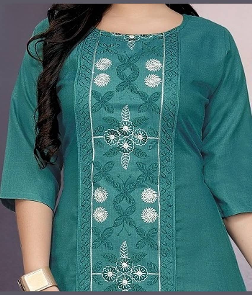 Hetsa Pack of 1 Cotton Blend Embroidered A-line Women's Kurti - ( Green ) view 2