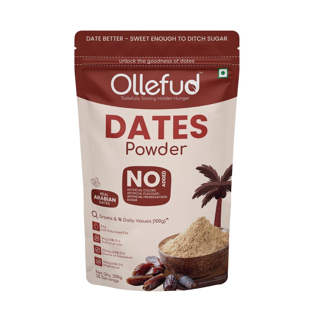 Ollefud Dates Powder | Seedless Real Arabian | Natural & Healthy Substitute for Refined Sugar | No Added Sugar | Iron & Potassium Source | Zero Additives | 200g