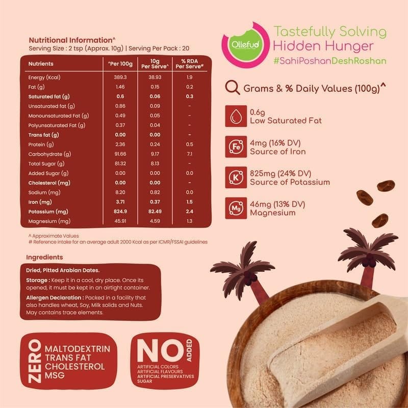 Ollefud Dates Powder | Seedless Real Arabian | Natural & Healthy Substitute for Refined Sugar | No Added Sugar | Iron & Potassium Source | Zero Additives | 200g view 2