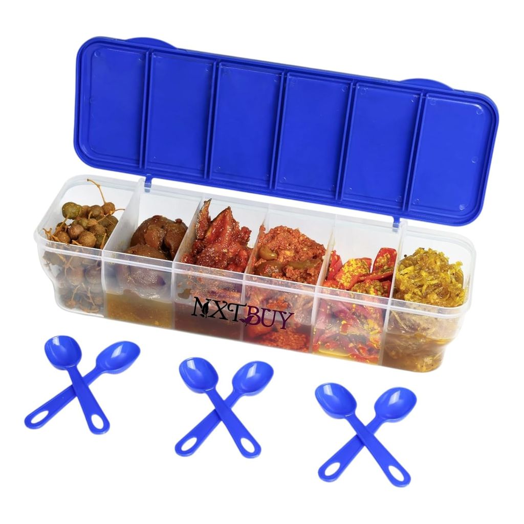 Multipurpose 6-in-1 Masala Box for Kitchen| Airtight BPA-Free Plastic 6 Section Storage Container with 6 Spoons, 1800 ml Transparent Pickle Box for Spices| Dry Fruits, Snacks Pack Of 1 (Blue) view 2