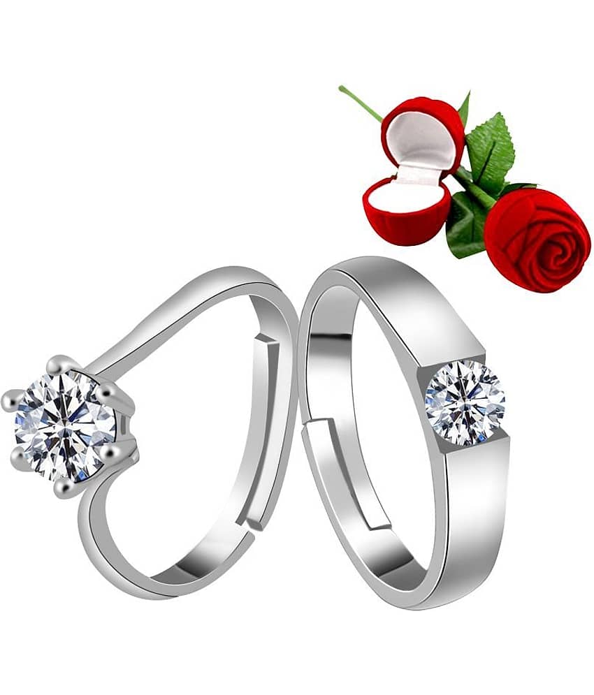 Silver Plated Adjustable Couple Rings Set for lovers Ring with 1 Piece Red Rose Gift Box for Men and Women