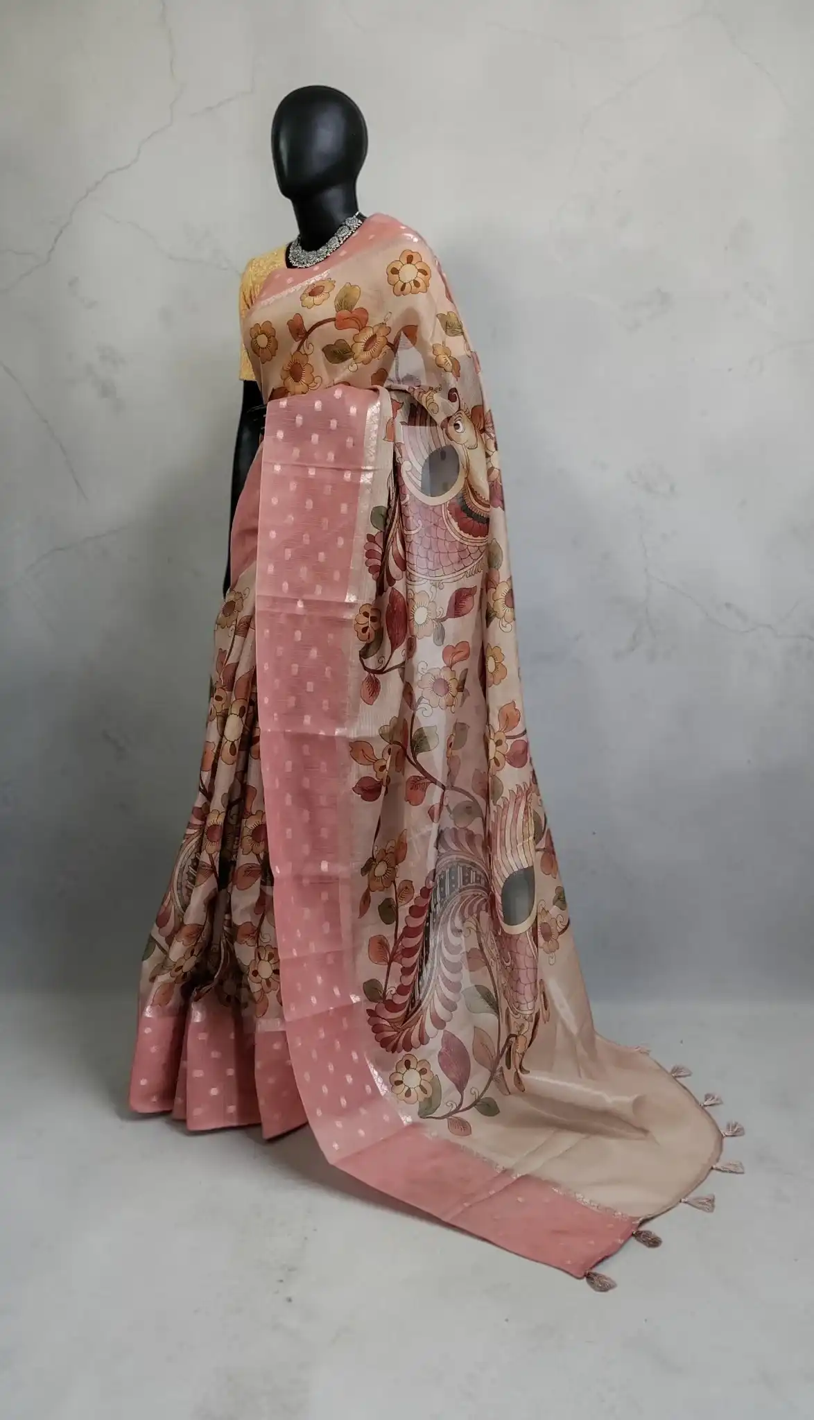 Kota Doria Cotton-Silk Saree, Block Print Peacock, Beige Pastel Pink view 2