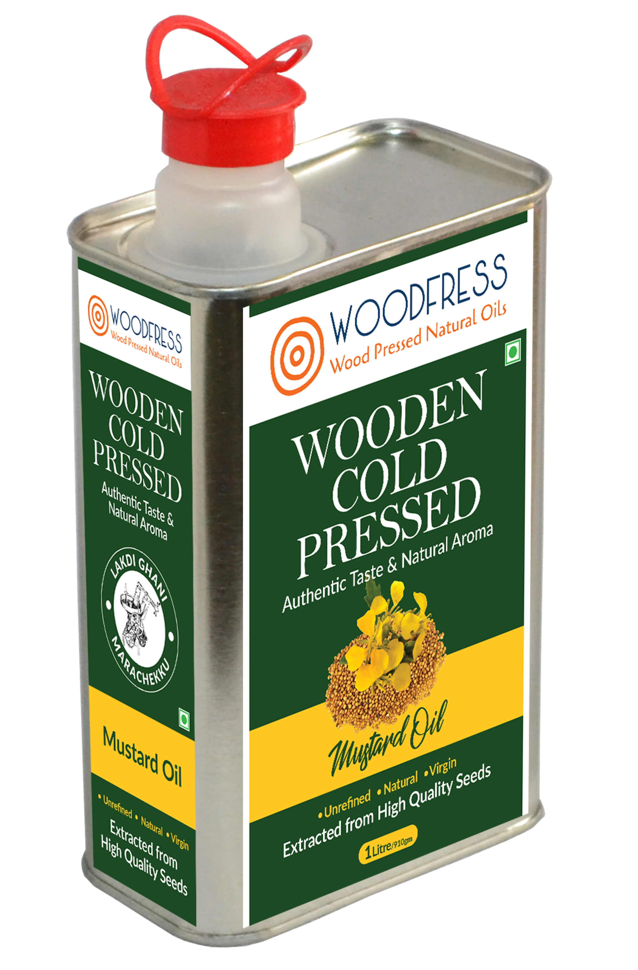 WOODFRESS Pure Cold Pressed Kachi Ghani Mustard Oil, 1 Litre Metal Tin, Wood Pressed Sarson Oil, Unrefined Black Mustard Oil, Woodpress Sarso Tel 1L