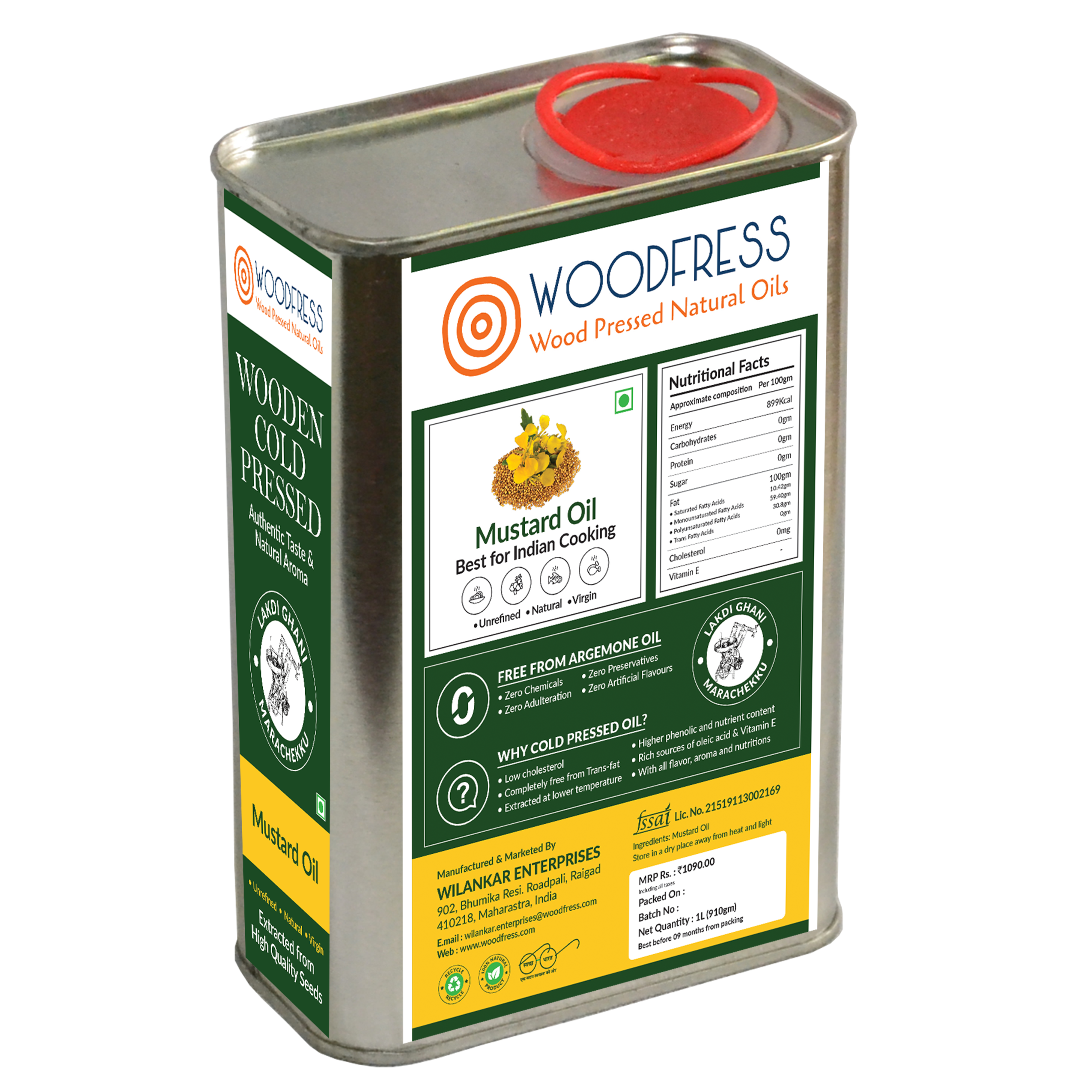 WOODFRESS Pure Cold Pressed Kachi Ghani Mustard Oil, 1 Litre Metal Tin, Wood Pressed Sarson Oil, Unrefined Black Mustard Oil, Woodpress Sarso Tel 1L view 2