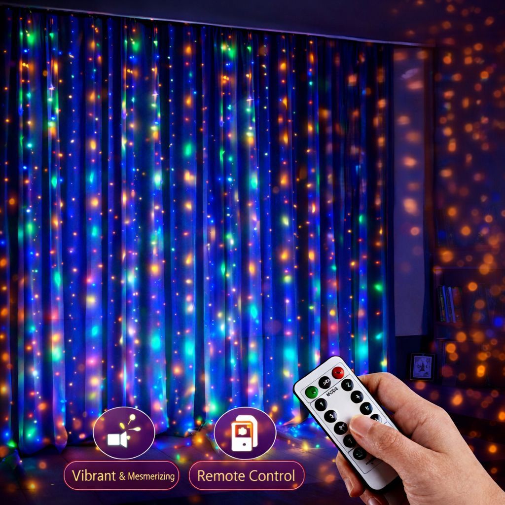 SPARKWORLD Multicolor LED Curtain Fairy Lights with Remote & USB | 8 Modes Decorative String Lights for Diwali, Christmas, Weddings & Home Decor (Pack of 1, 3x3 Meter) view 2