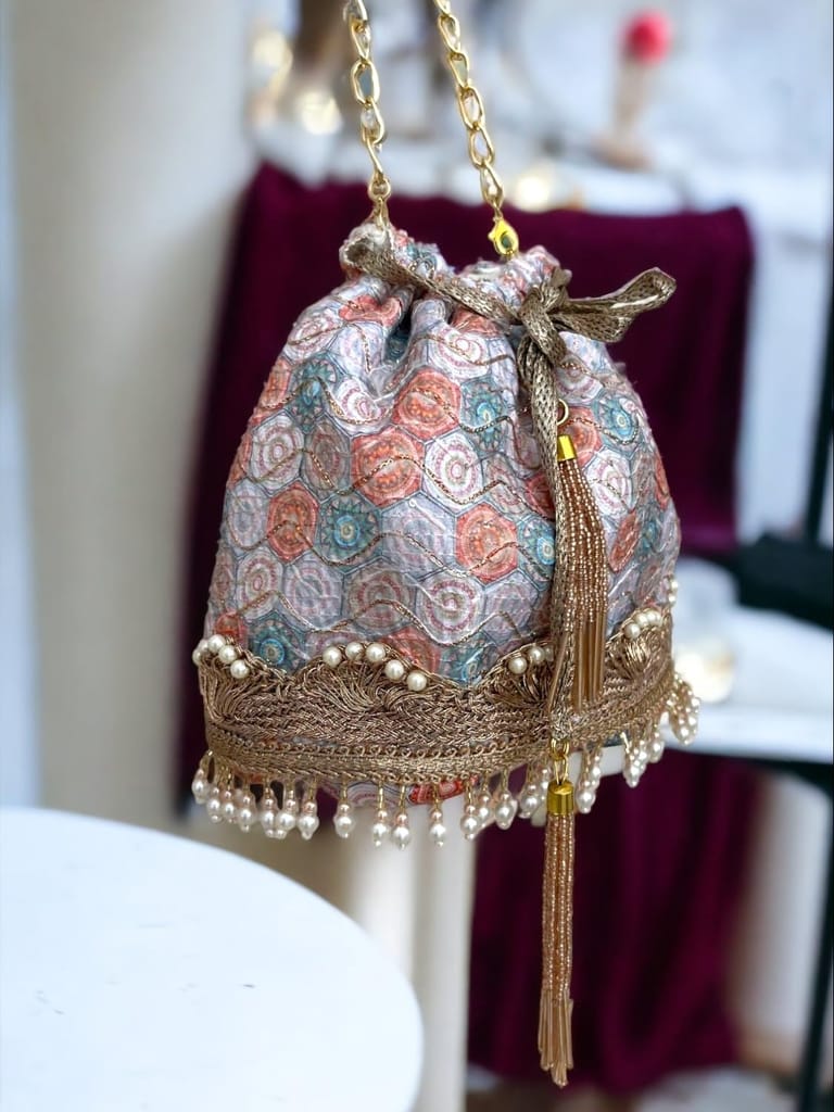 ART BY CHAITASI Embellished Designer Potli Bag with Protective Box, Handbag, Wristlets, Clutch for Women, Girls with Handmade Embroidery, Sequin, Beads Work for Parties, Weddings view 2