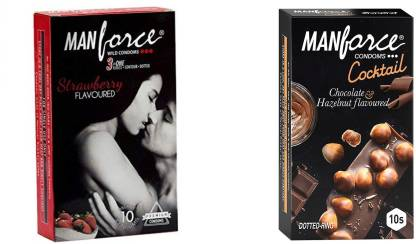 MANFORCE 3 in 1 Wild Ribbed Contour Dotted Strawberry Flavor Condoms - 10 Pieces & Cocktail Condoms with Dotted-Rings Hazelnut & Chocolate Flavoured- 10 Pieces Condom (Set of 2 20 Sheets)