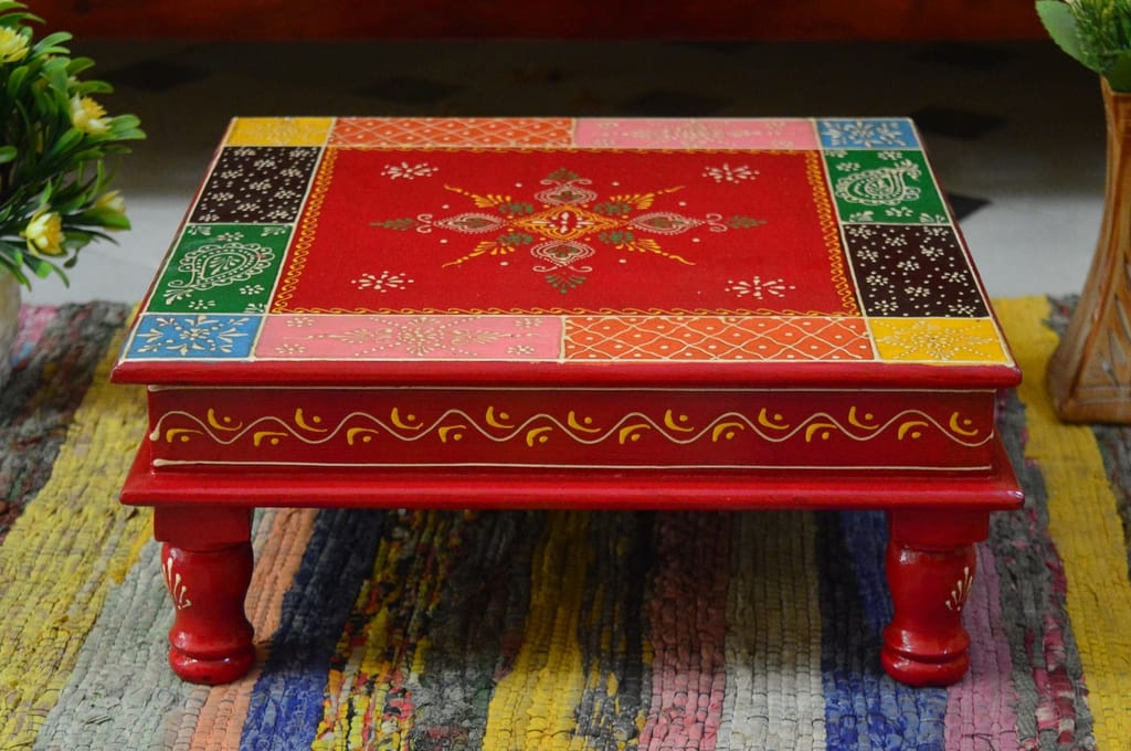 Indian Wooden Handpainted Chowki with figer painting & fine unique Painted Bajot view 2