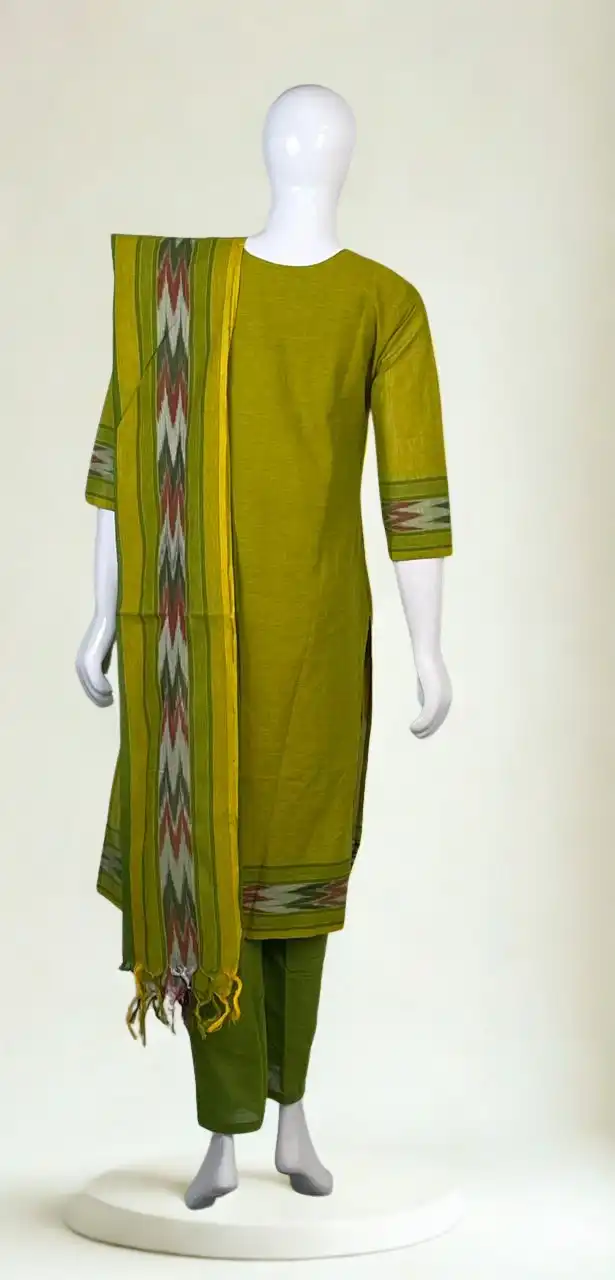 Ikat Trim Cotton Kurti Set Mehendi Green 3 Piece view 2