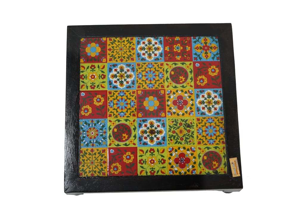 Wooden Chowki with Ceramic Tiles - For Pooja, Weddings & Festivals (SET OF 4) view 2