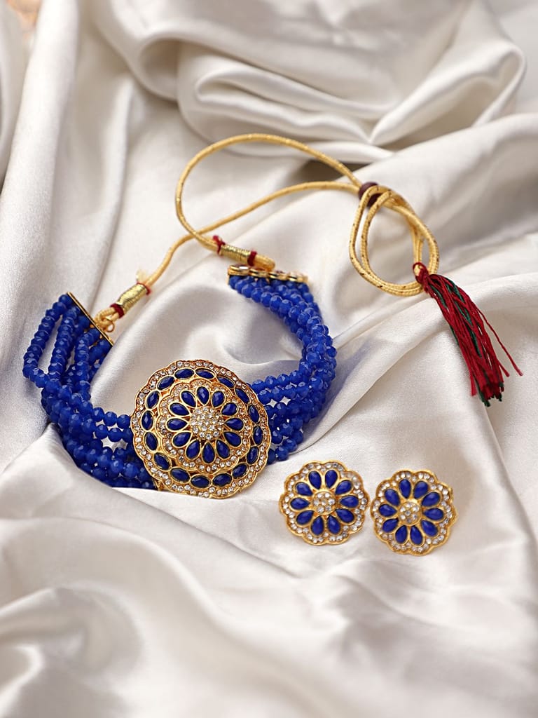 Cardinal American Diamond Brass Blue Multistring Gold Plated Onyx Choker Necklace Set view 2
