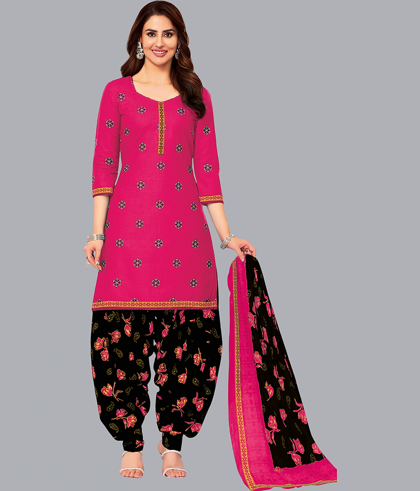 shree jeenmata collection Unstitched Cotton Printed Dress Material - Pink ( Pack of 1 )