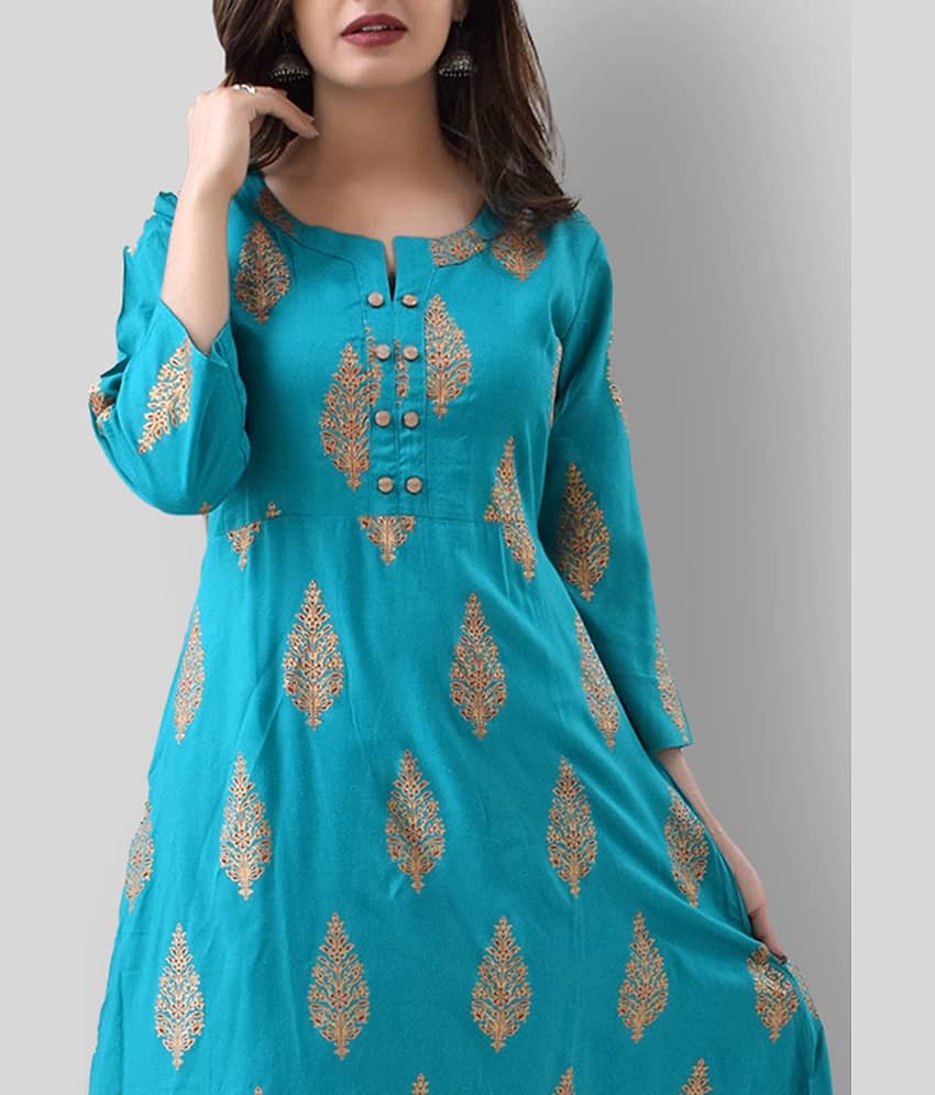 ZAMAISHA - Turquoise Rayon Women's Flared Kurti ( Pack of 1 ) view 2
