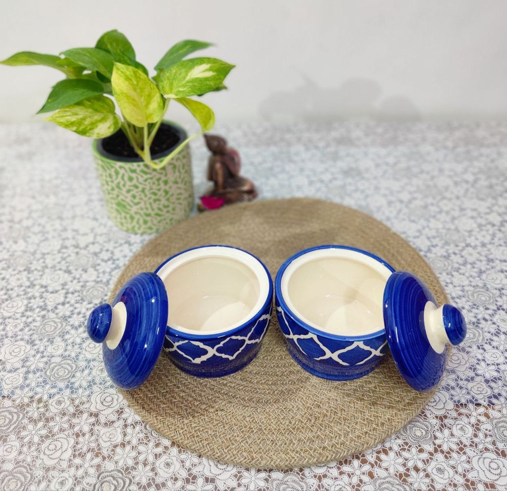 Homefrills Handpainted Multi-Utility Storage Ceramic Jars & Containers with Lid Ceramic Jars for Kitchen& Dining Table Storage Snacks/butter Jar Set of 2(2 jars with Lid ) Colour-Blue view 2