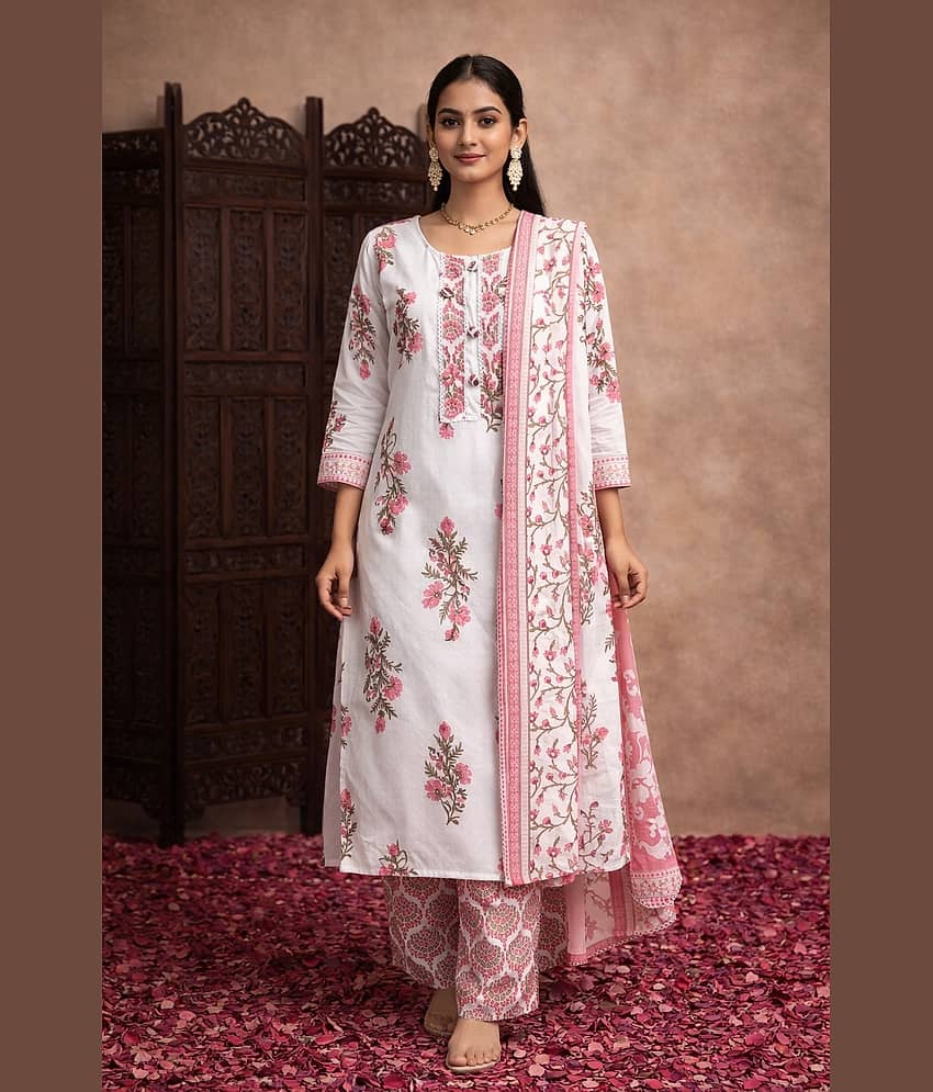Aarika Women Cotton Printed Straight Kurti With Pants ( White )