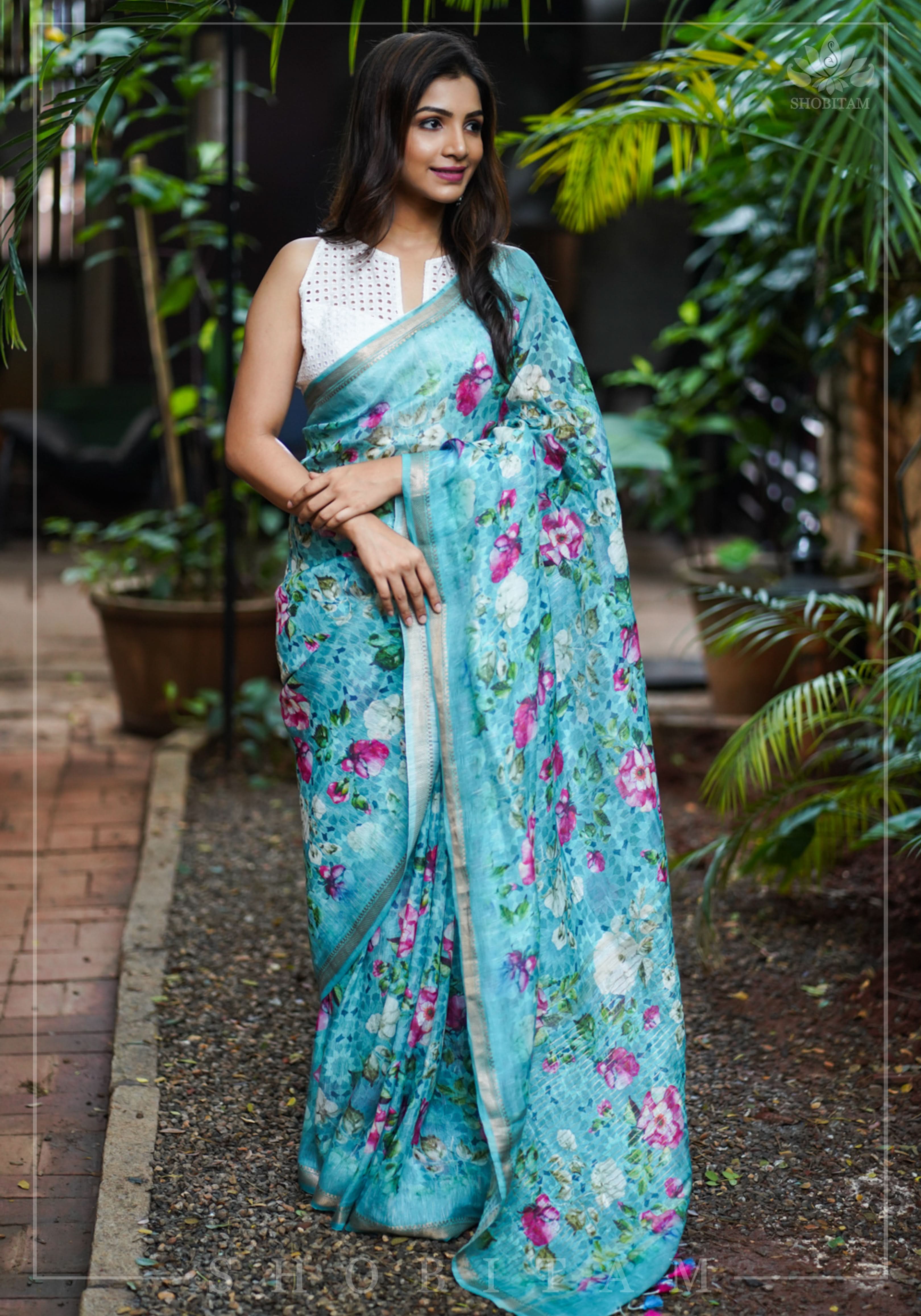 Blue Silk Linen Saree with Floral Digital Print view 2