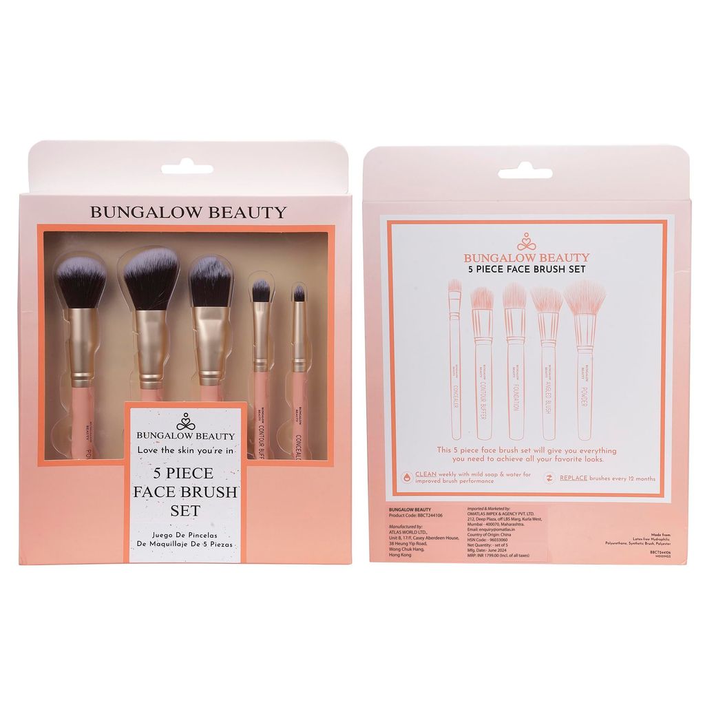 BUNGALOW BEAUTY Face powder Brush Set | Angled Blush Brush, Face Flat Brush, Angled Foundatuon Brush, Tapered Brush, Dual Sided Brow Brush | 5pc Set and Blending Sponge set of 3 pcs view 2