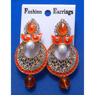 Jewellery Royal Designer Gold Plated OrangeTraditional Kundan Earrings view 2