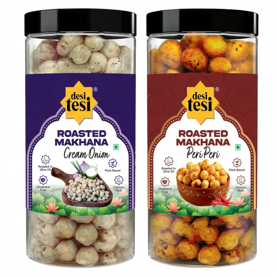 Roasted Makhana Combo – Peri Peri & Cream & Onion | Premium Crunchy Fox Nuts - 150 gm - Two snack jars