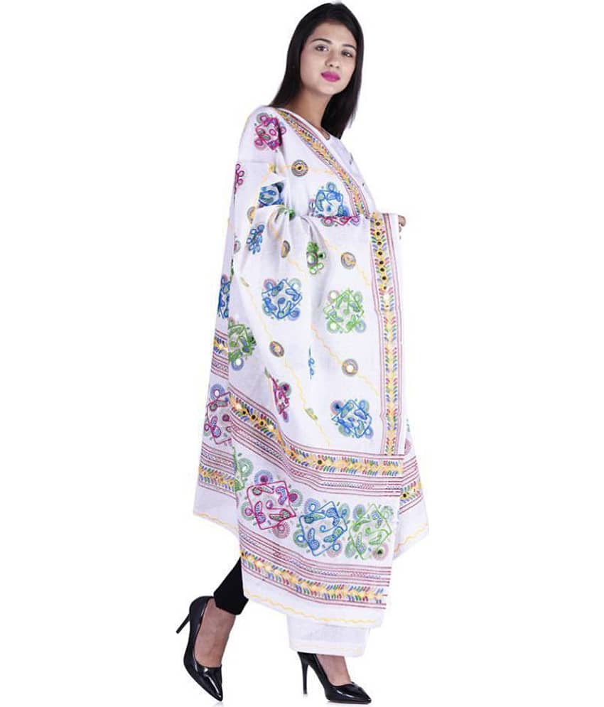 Apratim White Cotton Kutch Embroidered Dupatta view 2