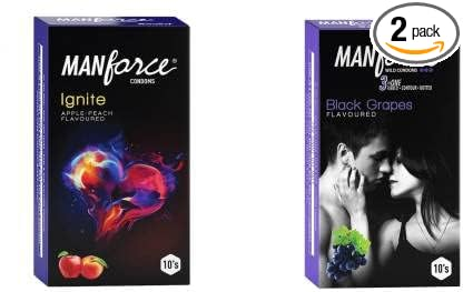 MANFORCE Ignite Apple-peach Flavoured Extra Dotted Box Condoms - 10 Pieces & 3 in 1 (Ribbed Contour Dotted) Wild Black Grapes Flavoured Condoms- 10 Pieces Condom (Set of 2 20 Sheets)
