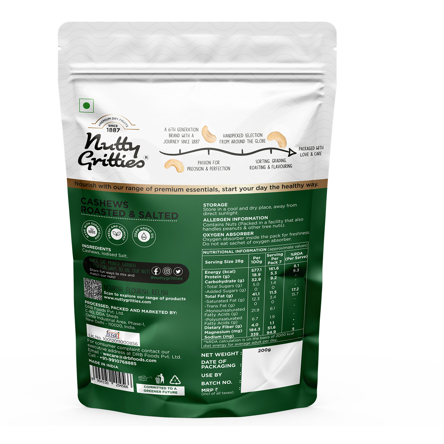Nutty Gritties Premium Jumbo Size Cashews - Roasted and Lightly Salted | W240, 200 gm view 2