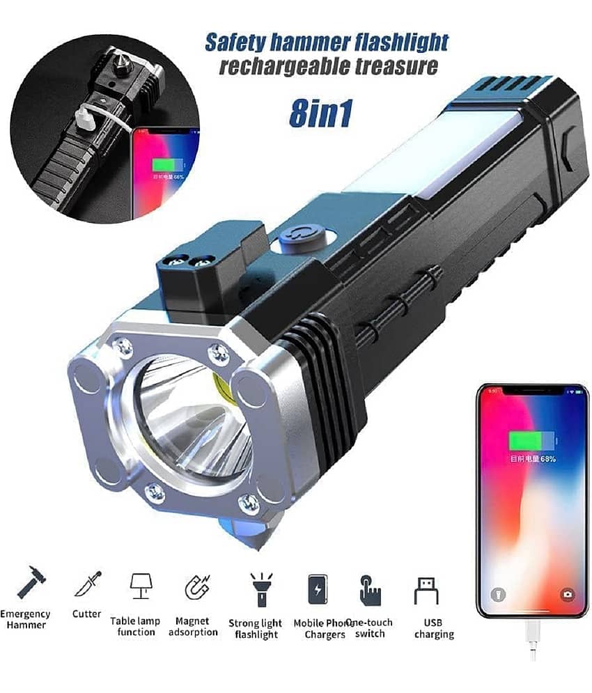 18-ENTERPRISE Portable Rechargeable Torch Led Flashlight Long Distance Beam Range, Hammer and Strong Magnets, Car Rescue Light, Led 3W Light Flashlight, Long Seat Belt Cutter Built. view 2